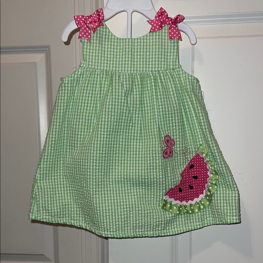Rare Editions Green and Pink Gingham Dress w Butterfly & Watermelon Appliqué 12M